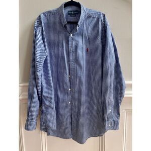 Men’s Ralph Lauren White and Blue Stripe Gingham Oxford Shirt Size XL